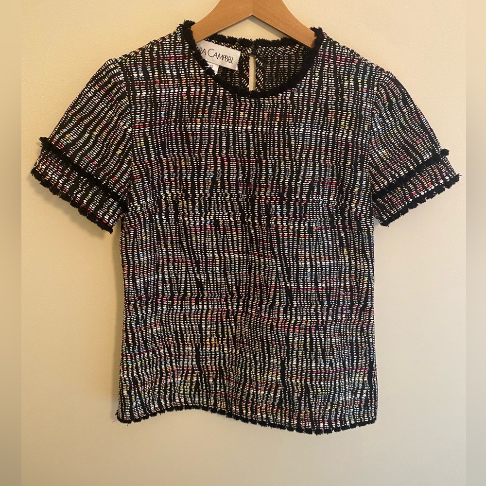 Sara Campbell Fringe Tweed T-Shirt Knit Top Size XS